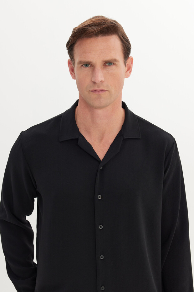 Erkek Siyah Comfort Fit Rahat Kesim Hawai Yaka Jakarlı Gömlek - 5