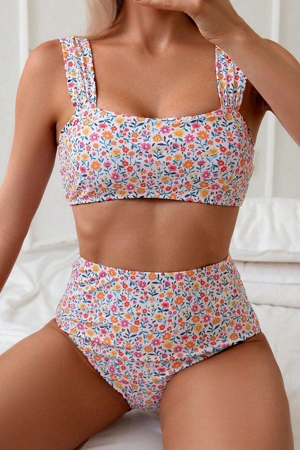Minimalist Çiçek Desenli Kaplı Yüksek Bel Bikini Takımı - 2