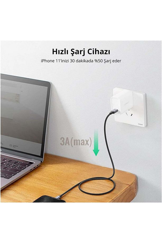 Type-C to Lightning 3A PD MFi Sertifikalı Örgülü Hızlı Şarj Kablosu 1 Metre - Siyah - 2