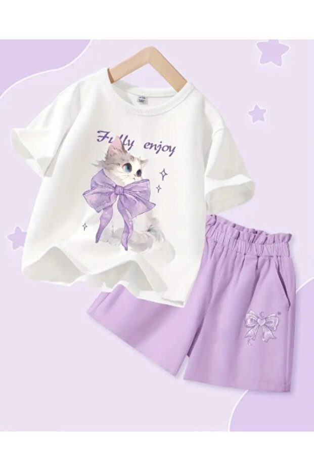Children's Fully Enjoy Kitten Printed Shorts T-Shirt Bottom-Top Set