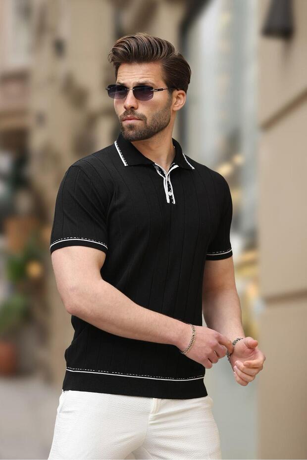 Black Buttoned Polo Neck Knitwear Men's T-Shirt E7408