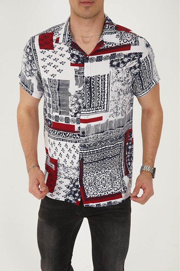 Red Color Patterned Viscose Men's Shirt