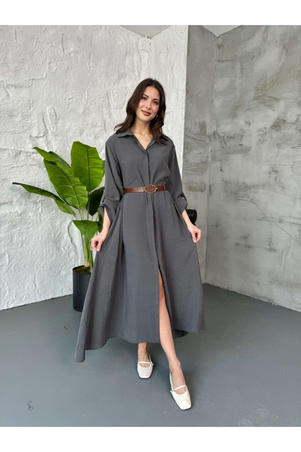Antrasit Yumoş Dokulu Kemerli Gömlek Elbise - 1