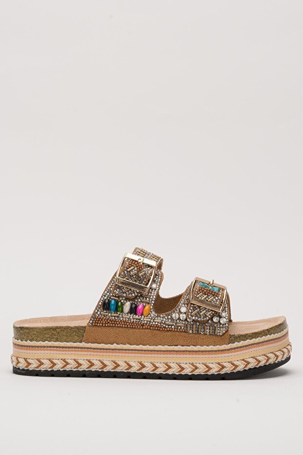 Taba Boncuklu Çift Toka Kalın Taban Terlik - 4