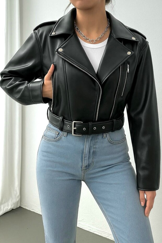Černá kožená bunda s páskem - 1