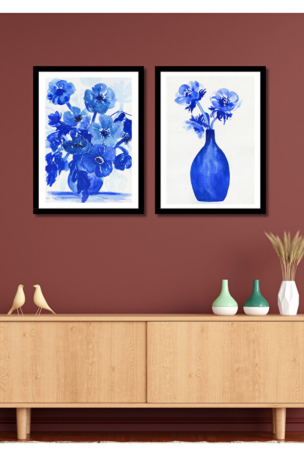 2 Pieces Modern Blue Flowers Wall Decor Painting Set for Salon Living Bedroom Kitchen