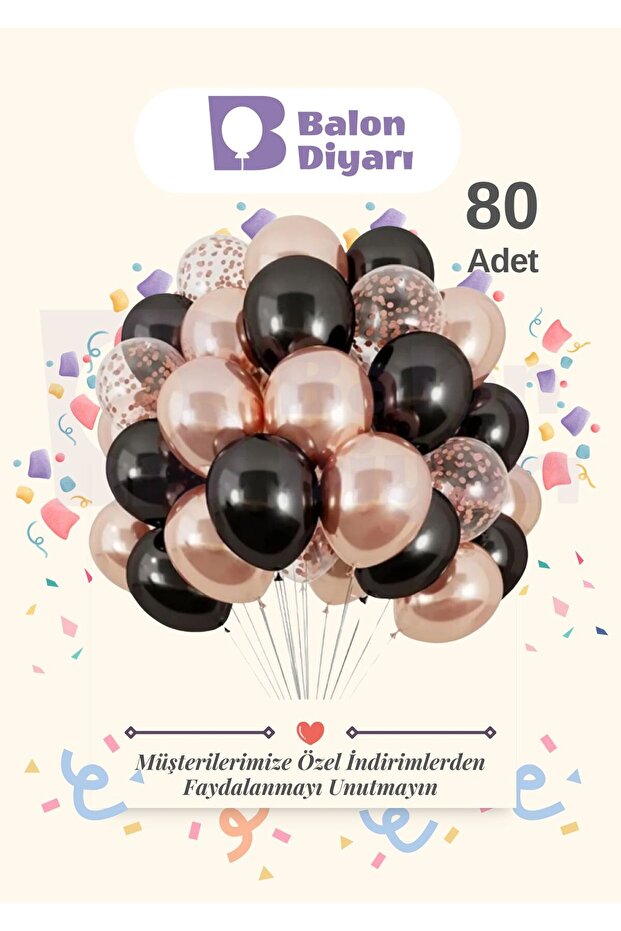 80 Pcs Black Transparent Confetti, Chrome Rose Gold Balloon Quality Balloon Set
