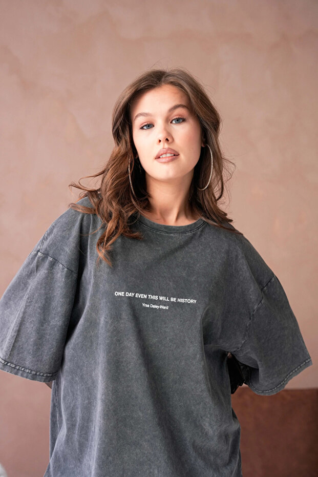 Yıkamalı Baskı Detay Salaş Basic T-Shirt - 7