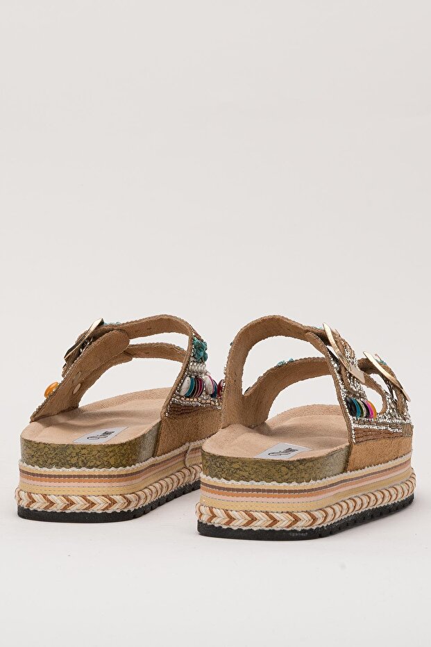 Taba Boncuklu Çift Toka Kalın Taban Terlik - 1