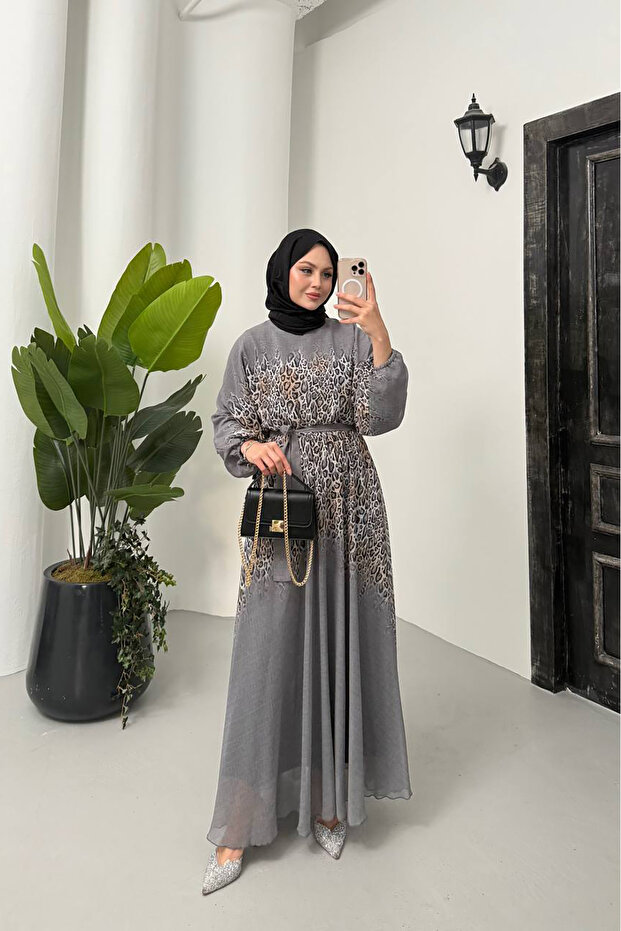 Women Leopard Print Chiffon Islamic Dress Nms055