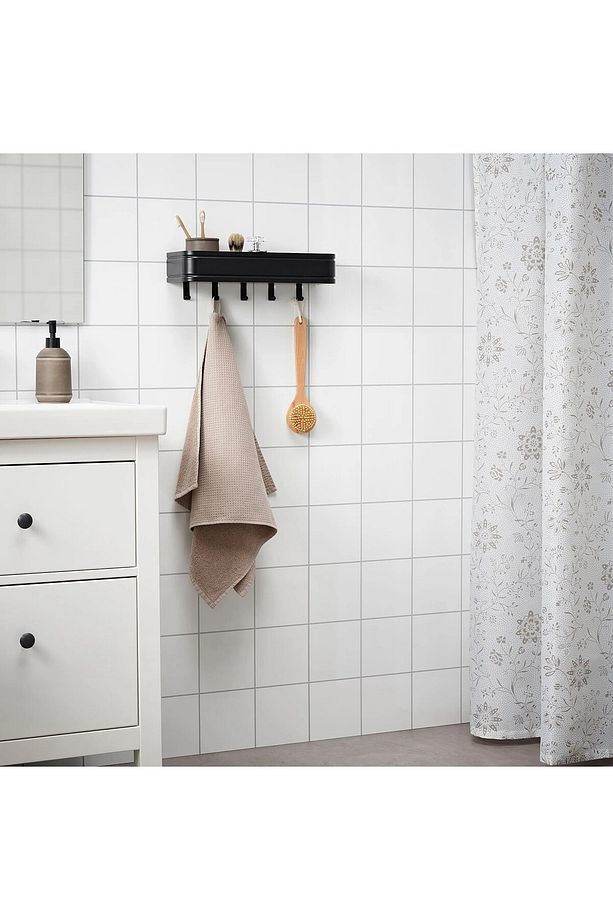 Kaliteli Banyo Duvar Rafı 40x12,5x11.2 Cm İkea Banyo Askısı Çelik 5 Kancalı Raf Siyah Renk - 3