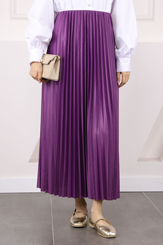 Purple Elastic Waist Pleated Skirt