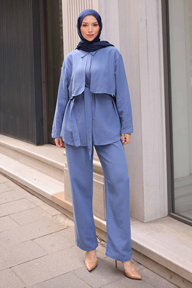 Indigo Waist Belted Shirt Pants Suit