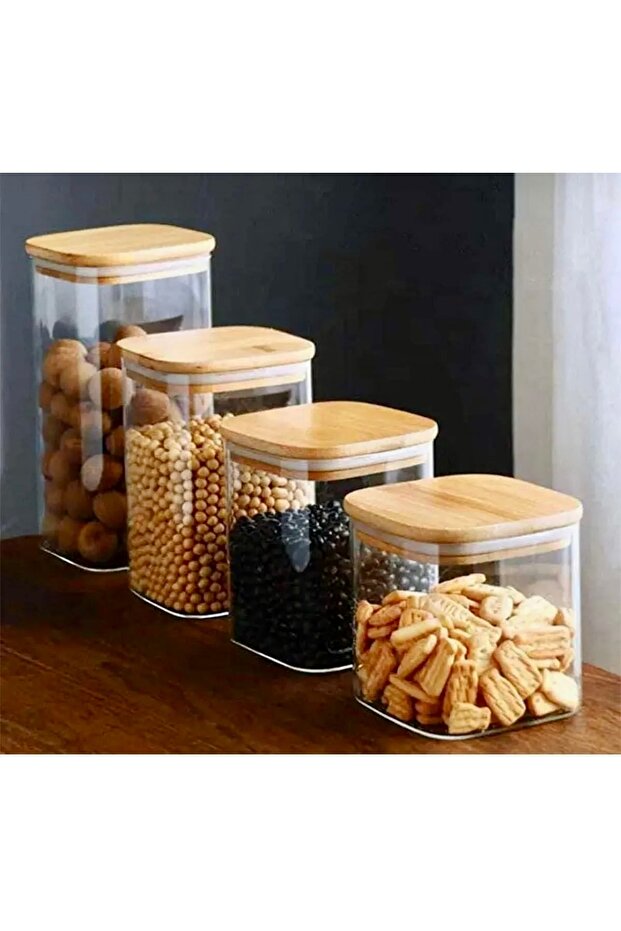 Set of 4 Bamboo Vacuum Lids Borosilicate Glass Jars - Tea, Sugar, Salt and Coffee