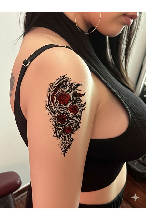 Gerçek Dövme Görünümlü Tribal Gül Modelli 3 Boyutlu Tattoo - 3