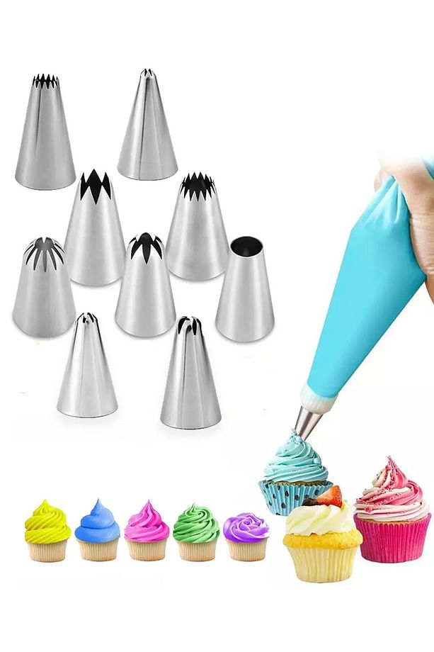 10 Parça Çelik Uçlu Krema Torbası Kek Pasta Süsleme Krema Sıkma Torbası Krema Poşet - 2
