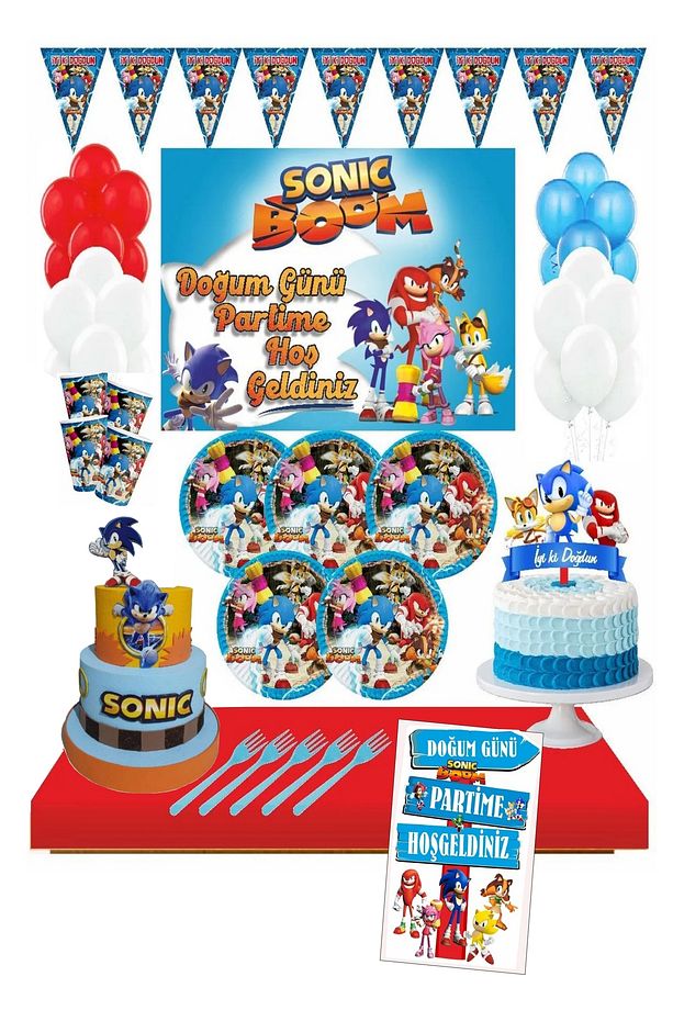 Sonic Maket Pasta Ayaklı Pano 16 Kişilik Doğum Günü Seti Afişli Sonic Set Herşey Içinde - 1