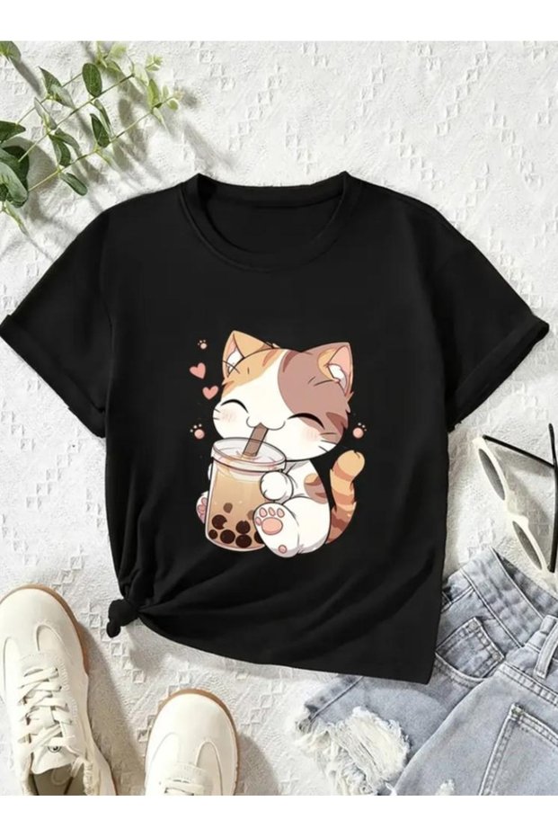 Girl's Crew Neck Cat Printed Short Sleeve T-Shirt