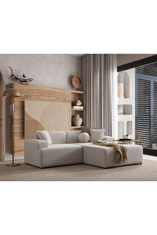 Molly Mini 2 Modül Kanepe Köşe Koltuk, Sağ Köşe, Yönsüz Kadife Kırık Beyaz 210x145 - 1