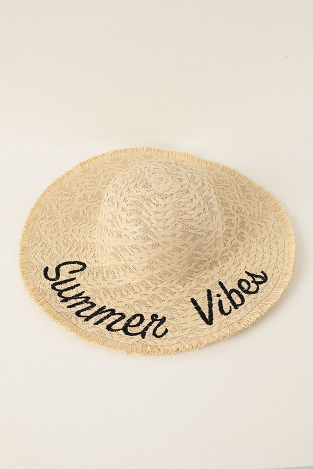 Bej Summer Vibes Yazılı Hasır Şapka - 4