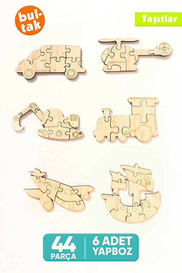 Wooden Vehicles Puzzle Set 6 Pieces Educational Montessori Toy 44 Pieces