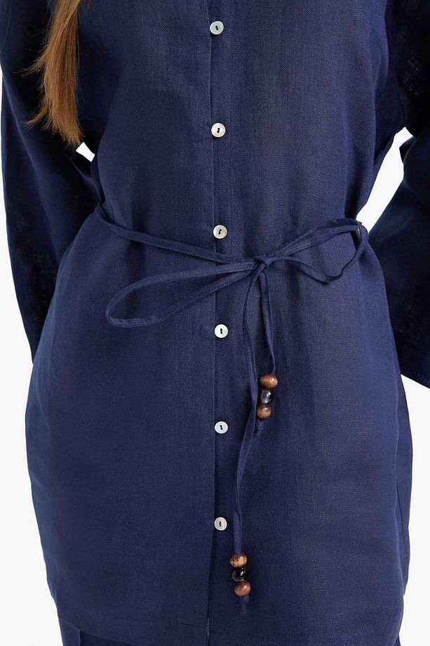 %100 Keten Regular Fit Bağcıklı Uzun Kollu Tesettür Gömlek Tunik D4394ax25sm - 6