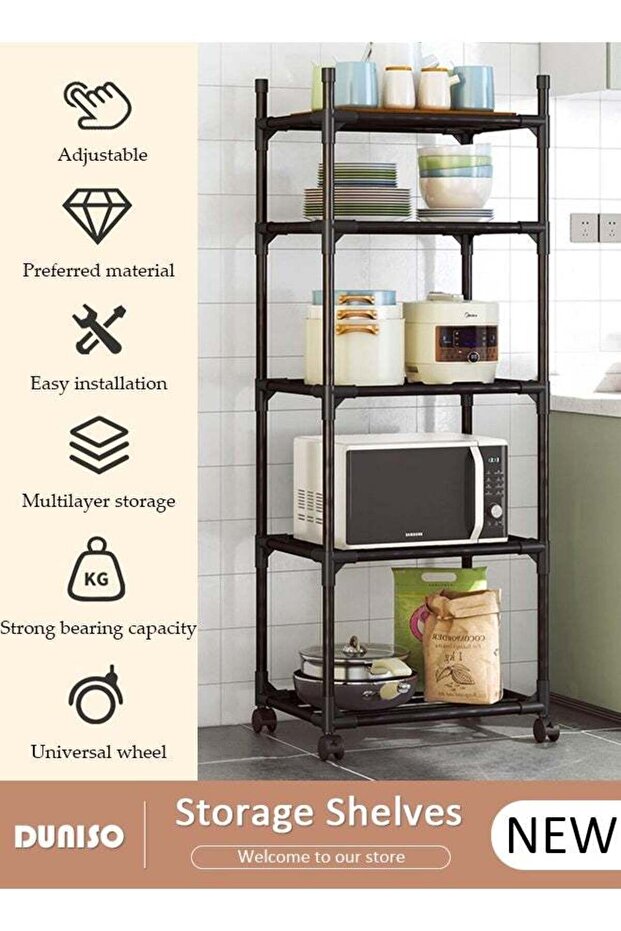 Duniso 5-tier Storage Rack, Stable Kitchen Shelf Organizer With Wheels, Food Storage Unit - 2