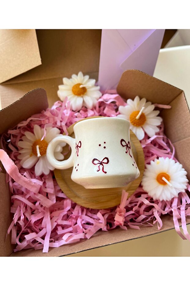 Handmade Ribbon Ceramic Single Coffee Cup with Daisy Candle Gift - 2