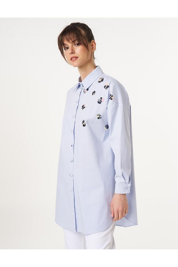 Pul Payet İşlemeli Poplin Tunik Limoni - 2