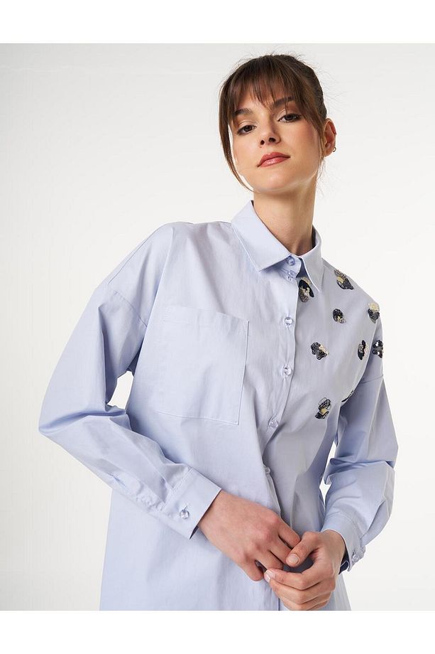 Pul Payet İşlemeli Poplin Tunik Limoni - 6