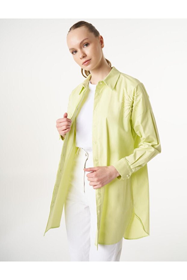 Boncuk İşlemeli Poplin Tunik Lime - 7