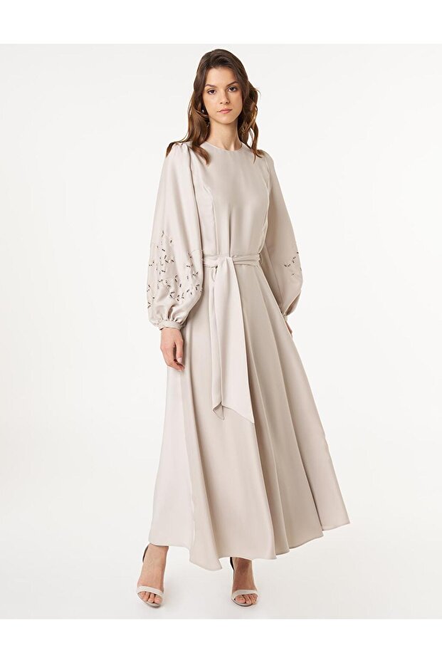 Embroidered Satin Dress Cream