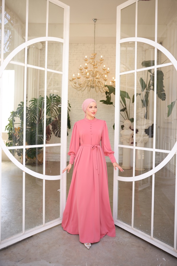 Women's Hijab Covered Buttoned Belted Dress