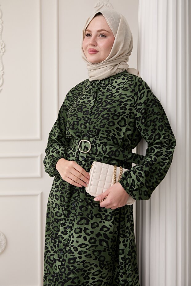 فستان فيسكوز أخضر بنمط الفهد - 3