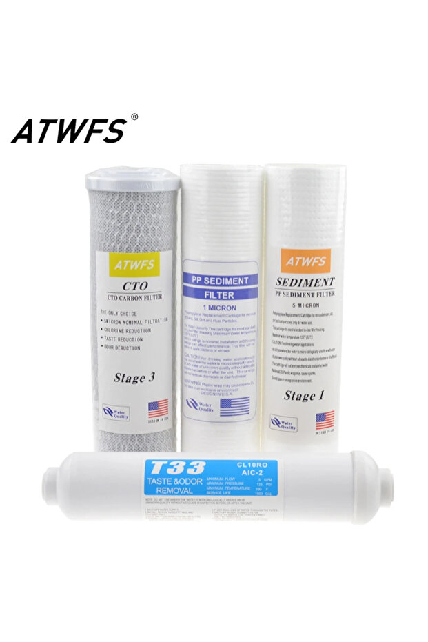 ATWFS 10" Universal PP Sediment / 5 Micron / 1 Micron PP Cotton+CTO Carbon Filter+T33 Reverse Osm...