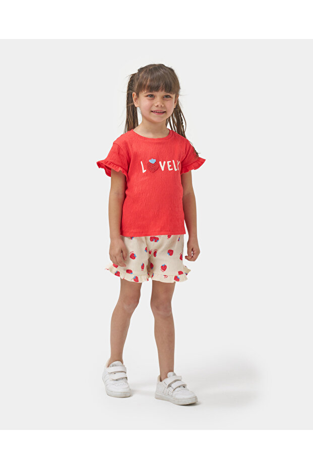 Girl's Embroidery Detailed Shorts Knitted Muslin Summer Two-Piece Set Red