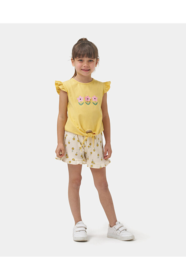 Girl's Front-Tie T-Shirt and Knitted Muslin Shorts Summer Two-Piece Set Yellow