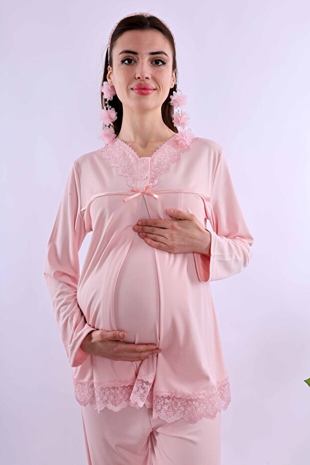 Cotton Maternity Pajama Set with Hidden Breastfeeding Feature – Elastic Waistband – Pink