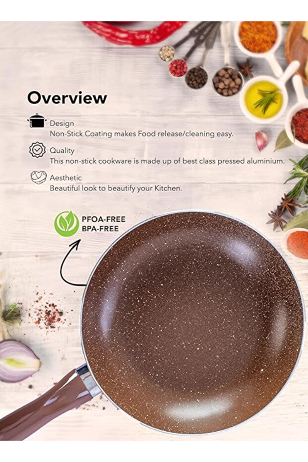 طقم أواني طهي من 8 قطع، أواني ومقالي من الألومنيوم، أغطية من الفولاذ المقاوم للصدأ، جرانيت بني وبيج، مقاس 22-26+26+18 سم - 3