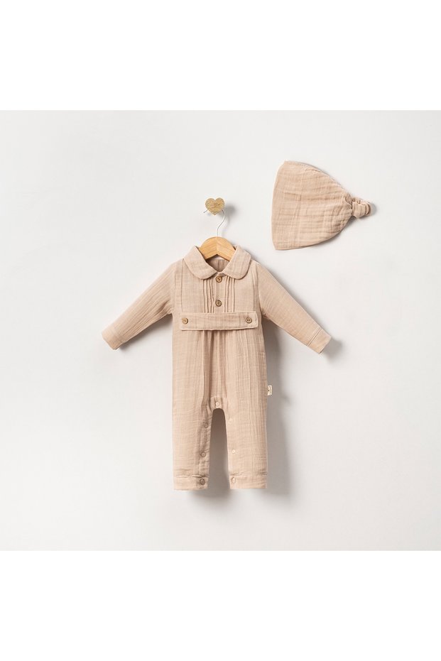 100% Organic Cotton Muslin Fabric Button Detailed Baby Boy Jumpsuit Set with Six Snaps Without Booties
