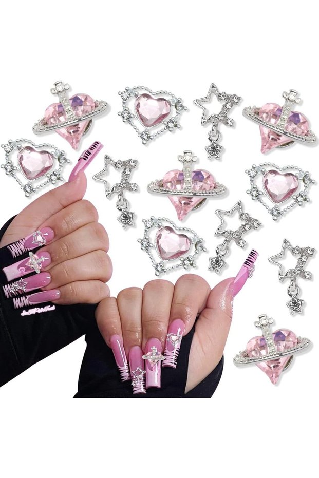 TZ-29 15PCS Nail Art Charms Crystal Heart Nail Charms Pink Shiny Planet Charms 3D Alloy Star Nail Ch