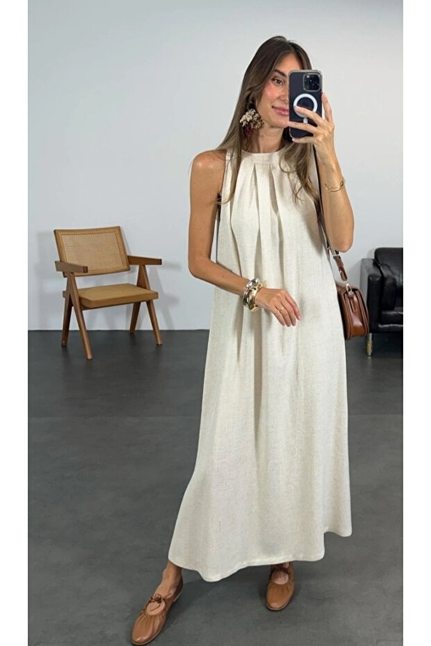Bebe Plus Women's Halter Neck Linen Dress