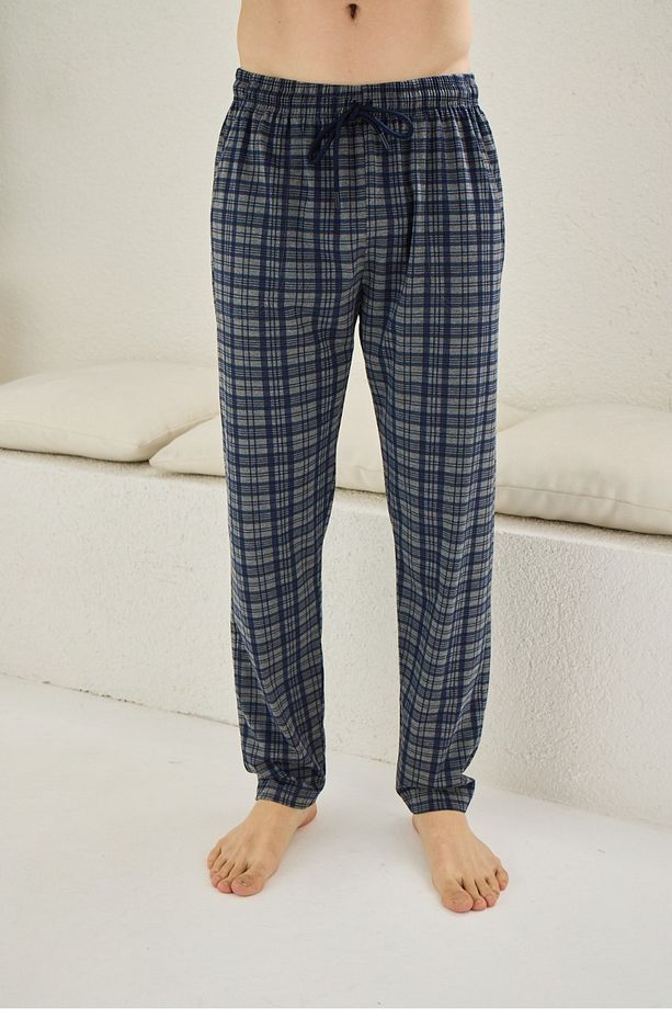 Tek Alt Ekose Desenli Unisex %100 Pamuk Pantolon Eşofman Altı - Bay Pijama Altı - 2
