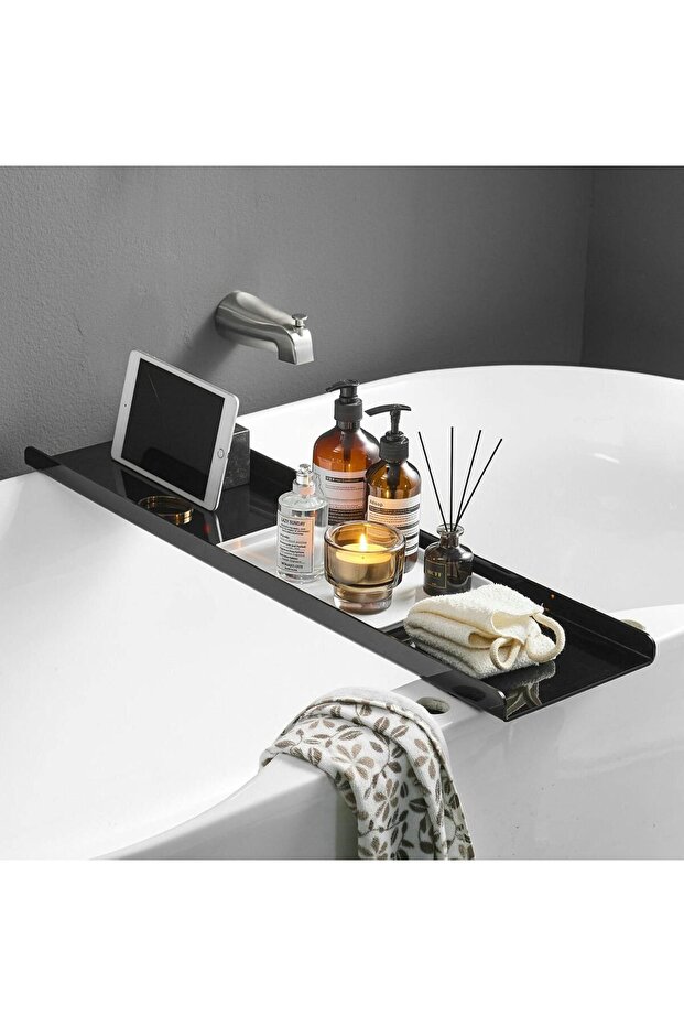 Black Acrylic Bathtub Tray - Luxury Bath Caddy with Tablet Holder for Spa Essentials Organization