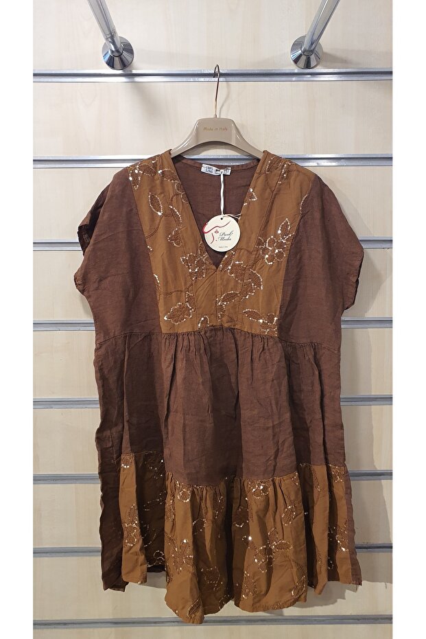 Pullu Kısa Keten Elbise - 1