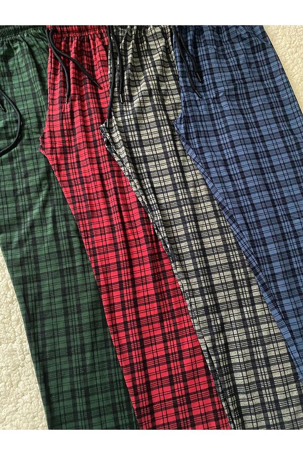 Tek Alt Ekose Desenli Unisex %100 Pamuk Pantolon Eşofman Altı - Bay Pijama Altı - 3