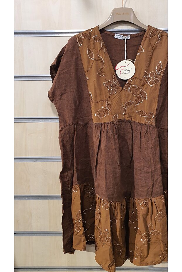 Pullu Kısa Keten Elbise - 2