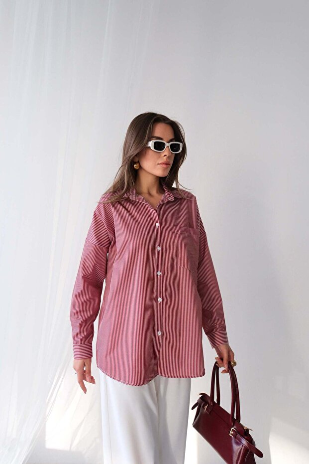 Trend Striped Pattern Long Sleeve Shirt - Red White