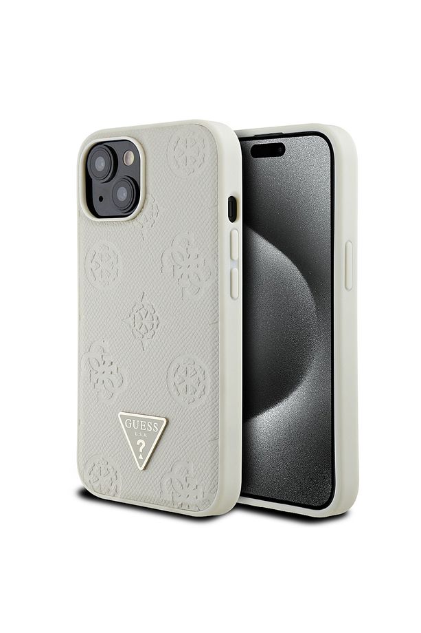 iPhone 15 Kılıf Guess Lisanslı M-safe Şarj Özellikli Üçgen Logolu PU Deri Peony Kapak Bej uyumlu - 1