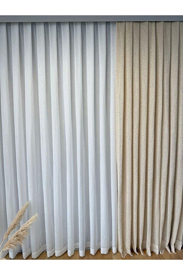 KREM PULLU ÖRME FİLE ŞEKLİNDE FON PERDE (1/3 SIK PİLE) - 2